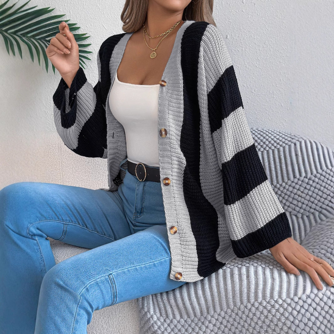 Contrast striped flared sleeve cardigan sweater mid length jacket