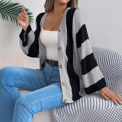 Contrast striped flared sleeve cardigan sweater mid length jacket
