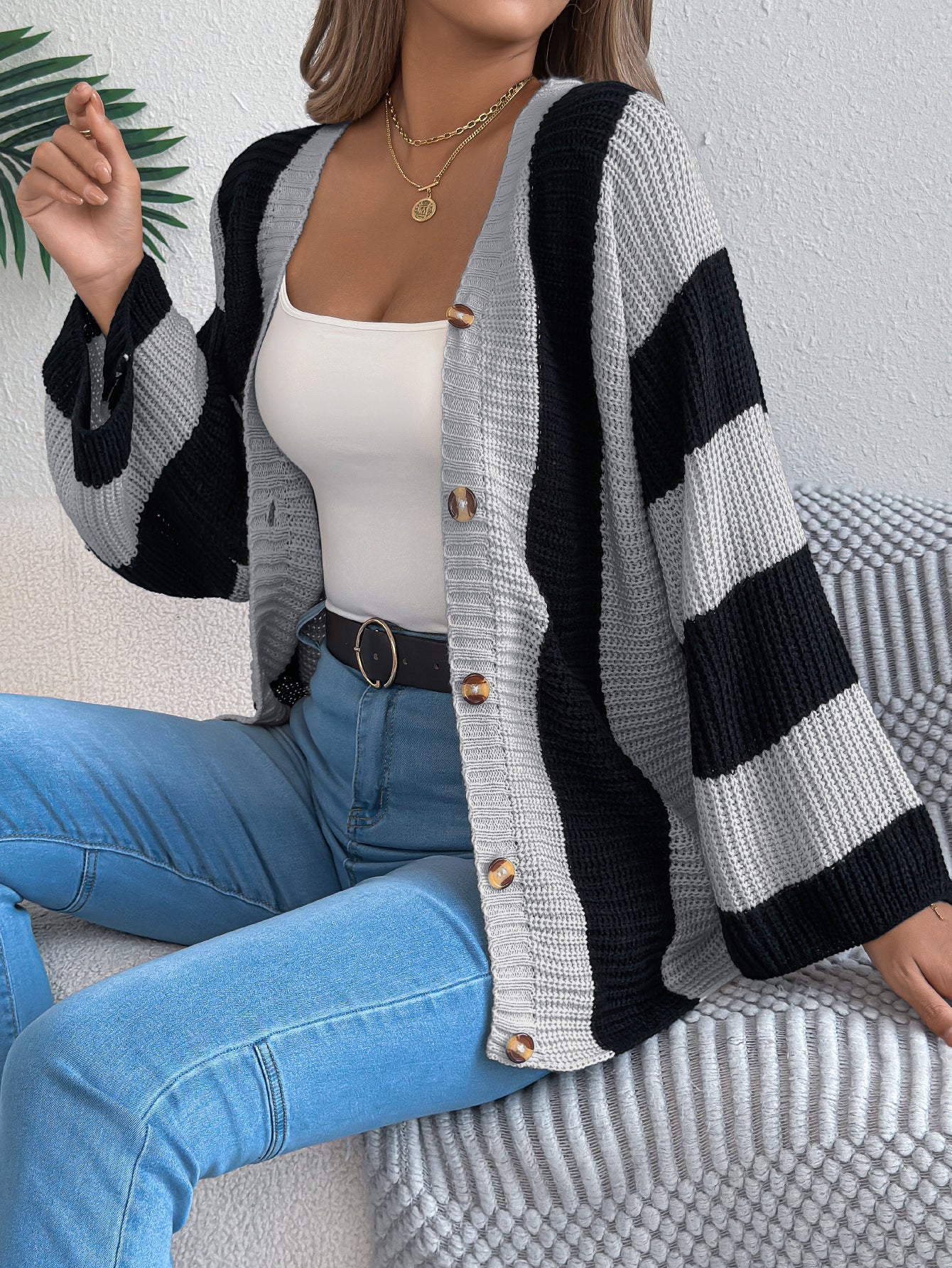 Contrast striped flared sleeve cardigan sweater mid length jacket