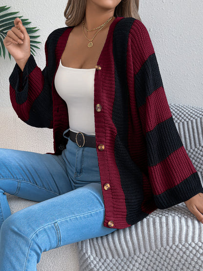 Contrast striped flared sleeve cardigan sweater mid length jacket