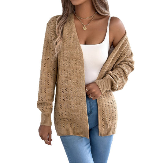 Hollow lantern long sleeved cardigan sweater mid length jacket