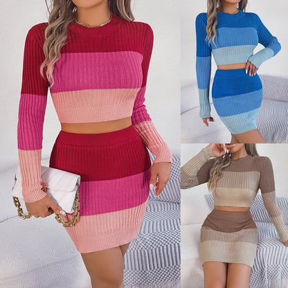 Color blocked long sleeved crop top hip hugging skirt knitted suit