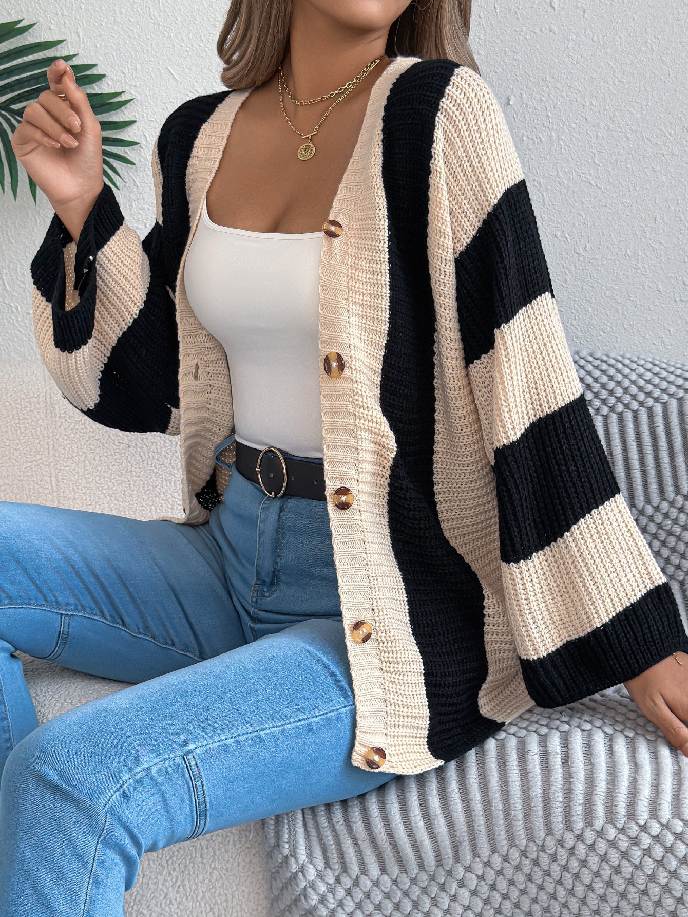 Contrast striped flared sleeve cardigan sweater mid length jacket