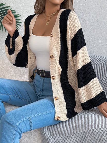 Contrast striped flared sleeve cardigan sweater mid length jacket
