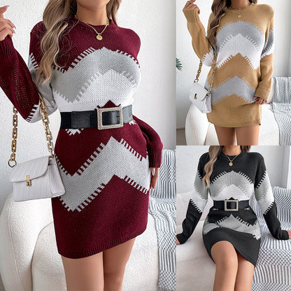 Casual color blocked lantern sleeve sweater dress