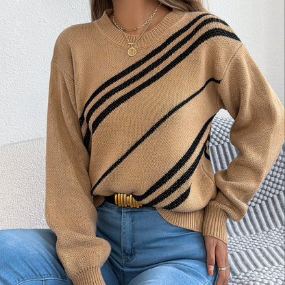 Striped round neck lantern long sleeved pullover sweater