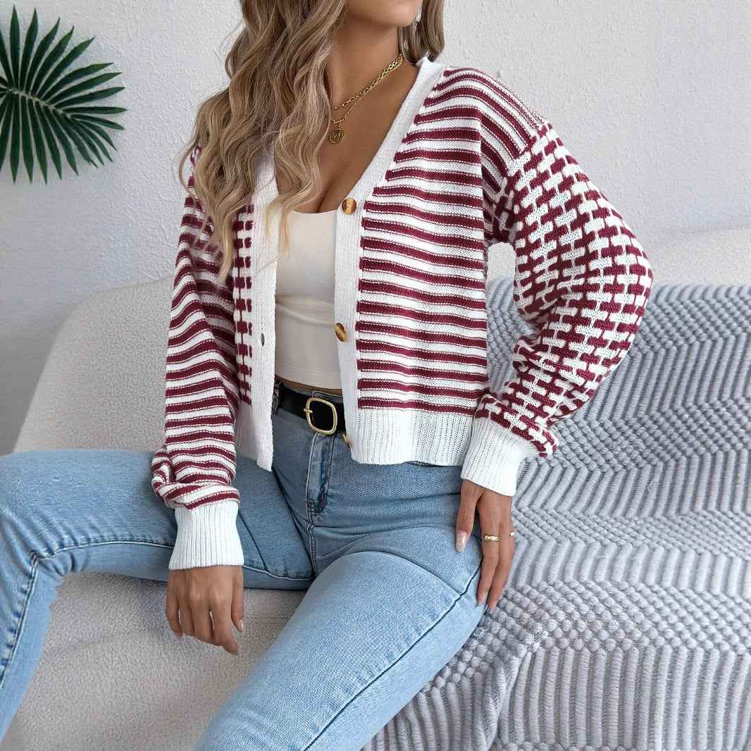 Striped lantern long sleeved cardigan sweater short jacket