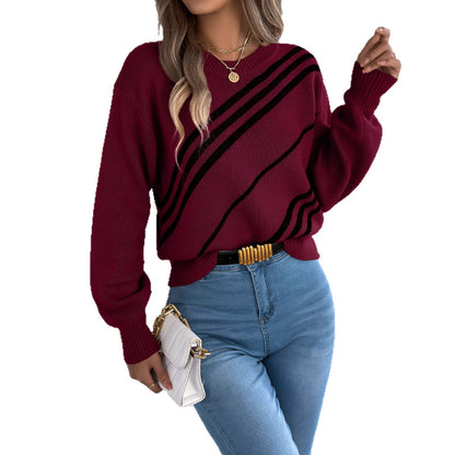 Striped round neck lantern long sleeved pullover sweater