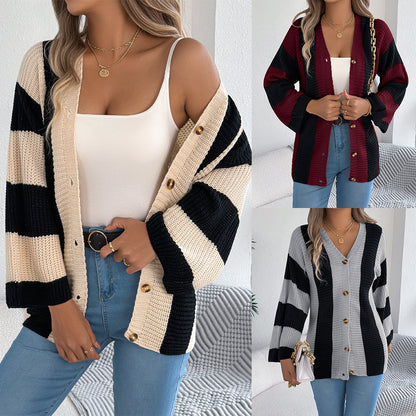 Contrast striped flared sleeve cardigan sweater mid length jacket