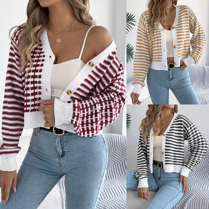 Striped lantern long sleeved cardigan sweater short jacket