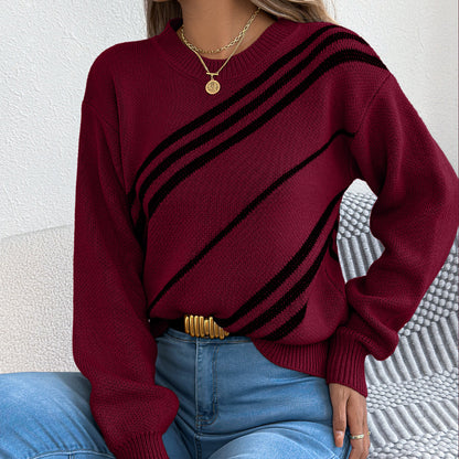 Striped round neck lantern long sleeved pullover sweater