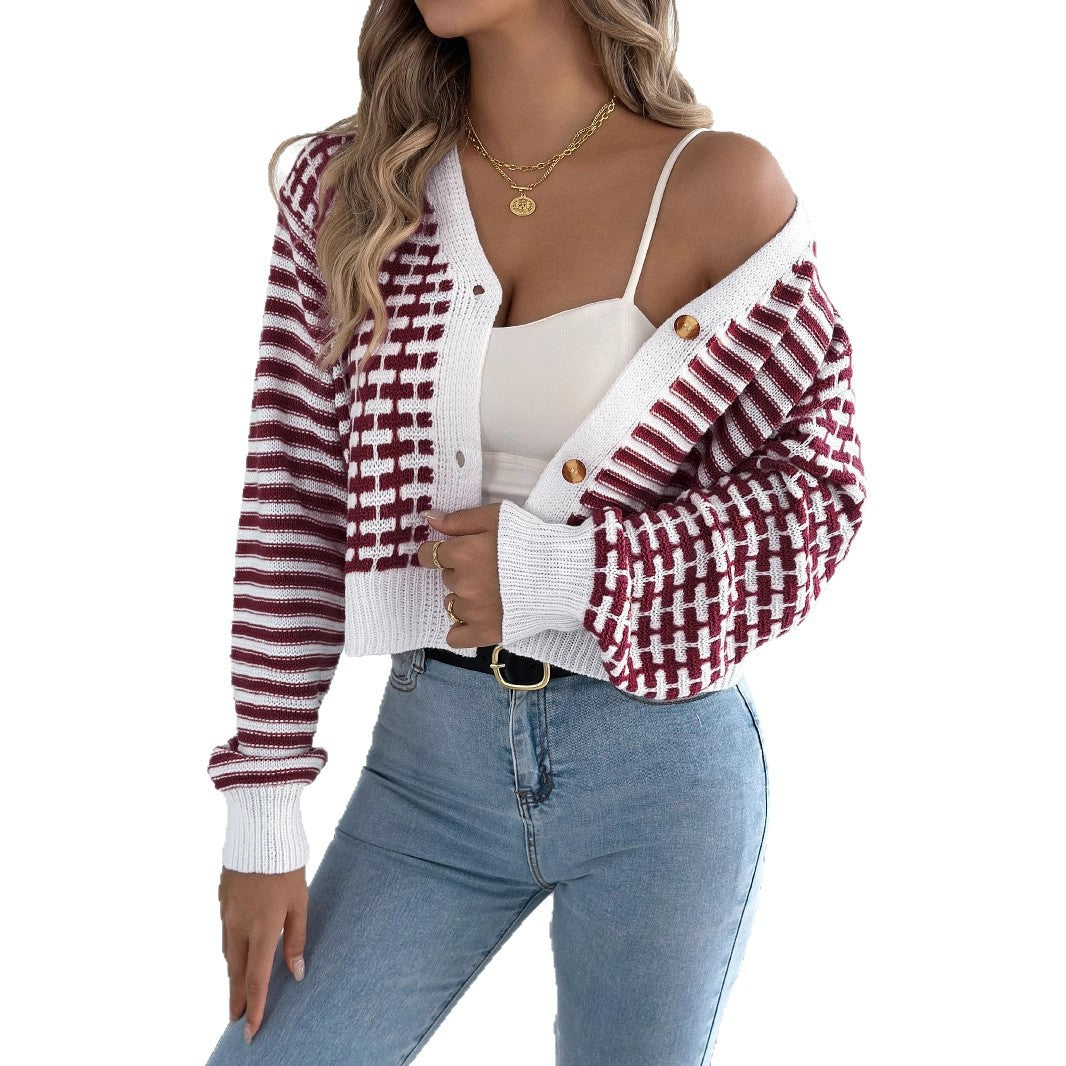 Striped lantern long sleeved cardigan sweater short jacket