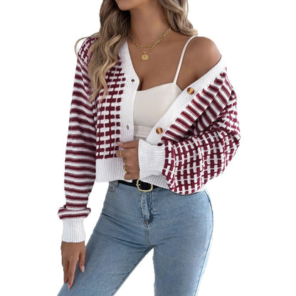 Striped lantern long sleeved cardigan sweater short jacket