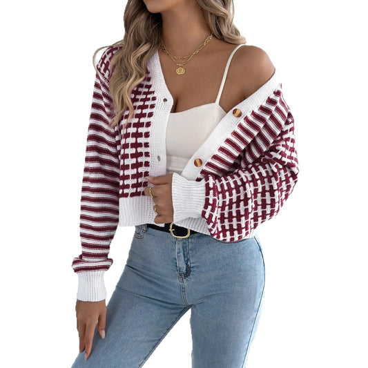 Striped lantern long sleeved cardigan sweater short jacket