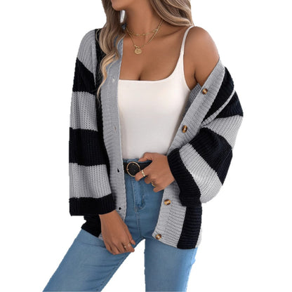 Contrast striped flared sleeve cardigan sweater mid length jacket