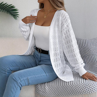 Hollow lantern long sleeved cardigan sweater mid length jacket