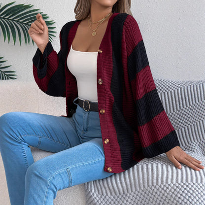 Contrast striped flared sleeve cardigan sweater mid length jacket